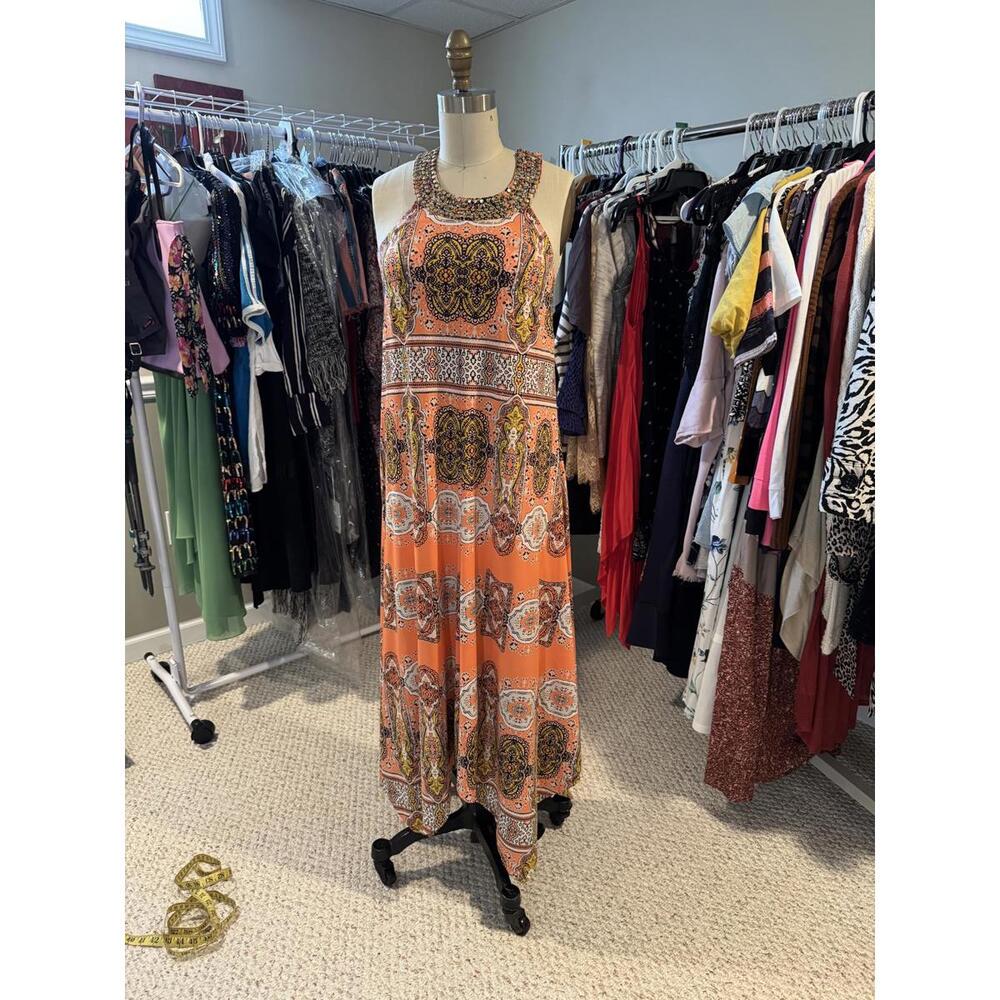 Bohemian Style Orange Beaded Neck Maxi Halter Dress - Medium